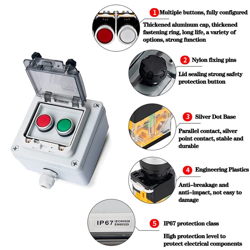 QL-LINRUN Push Button Box with Emergency Stop Switch, Start/Stop & Rotary Buttons (Red/Green) - Image 2